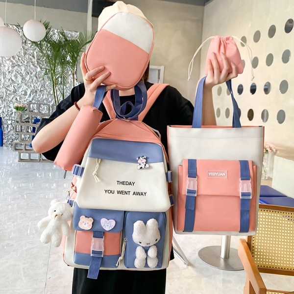 Skoletaske Casual Nylon farvematchende rygsæk Sød pige med stor kapacitet rygsæk Pink