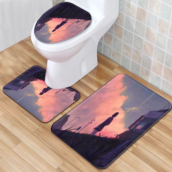 3 kpl WC-istuimen cover Sarjakuva-anime-kylpyhuoneen kolmiosainen set , ovi, liukumaton kylpyhuone Purple 45cmx75cm