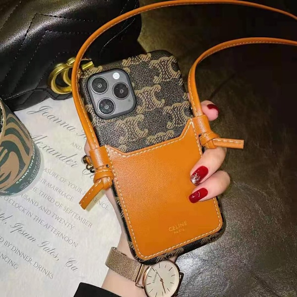 Etui til iPhone 14 Plus kaffe retro crossbody kortholder snor