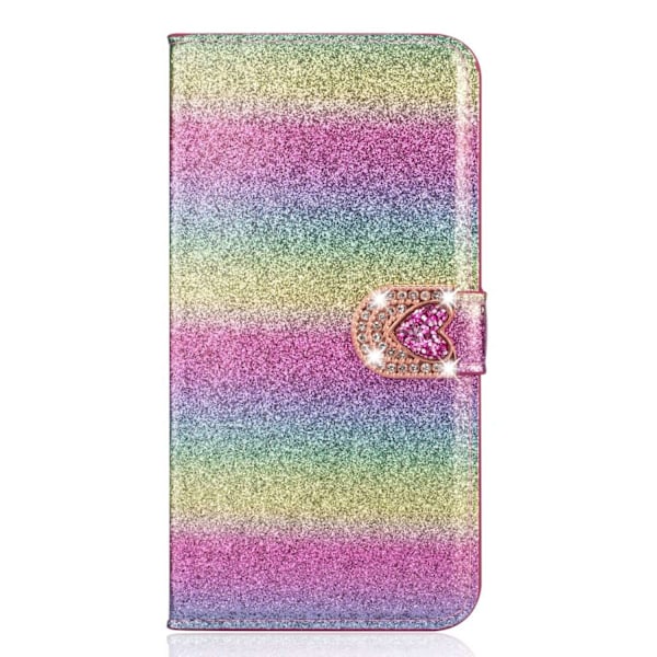 Kotelo iPhone 13 Pro Max -puhelimelle, värikäs vaaleanpunainen glitteri rakkaustarra timantti nahkainen korttipaikka lompakko strassi