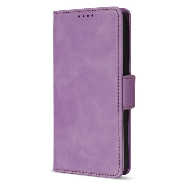 Etui til iPhone 15 Plus, lilla side-spenne, skinnfølelse, ensfarget side