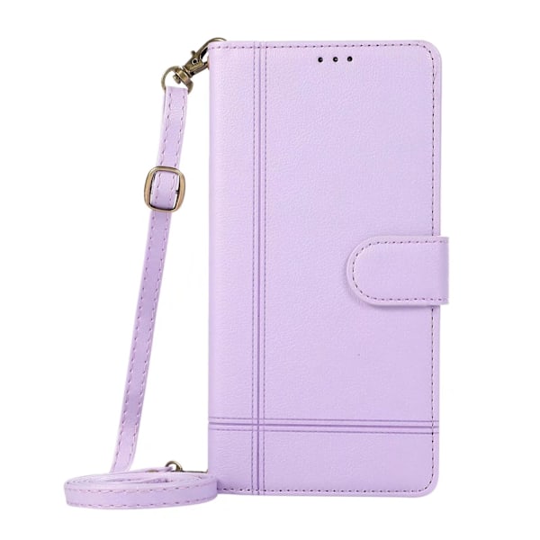 Fodral för iPhone 15 Plus lila crossbody solid multi-kort modeplånbok multifunktionskort h