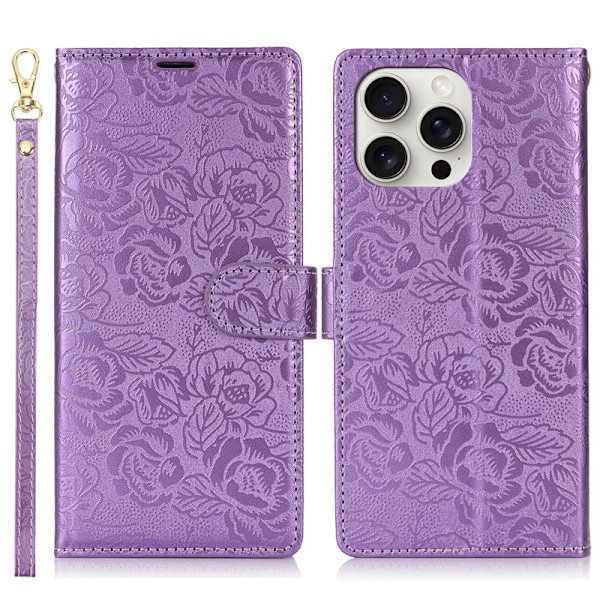 Etui til iPhone 14Pro Lilla Præget Kamelia Læder Etui Præget Retro Blomst Snøre Koreansk