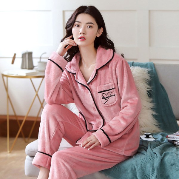 Vinter coral fleece pyjamas vinter fortykket dame flannel loungewear sæt K505 light powder M for 100kg