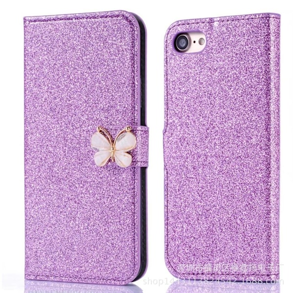 Etui til iPhone 13 Pro Max lilla sløjfe glitter diamant læder kort slot flip wallet