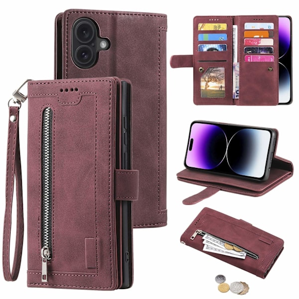 Etui til iPhone 14 Bordeaux retro lynlås ni kort beskyttende pung magnetisk læder