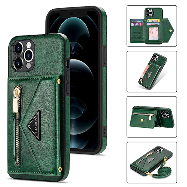 Fodral för iPhone15 Plus Grön Crossbody Läder Multifunktionell Dragkedja Plånbok