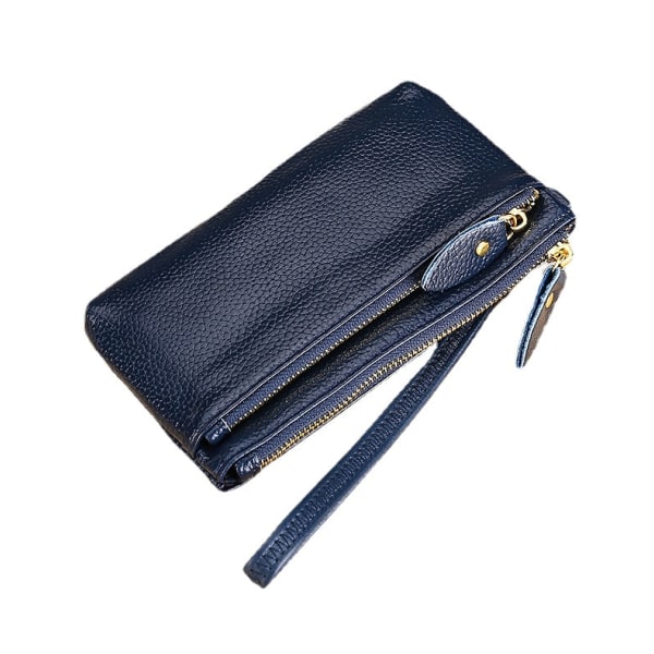 Kvinnor plånbok myntväska Äkta läder Mode Clutch Dragkedja Handledsväska Dark blue short