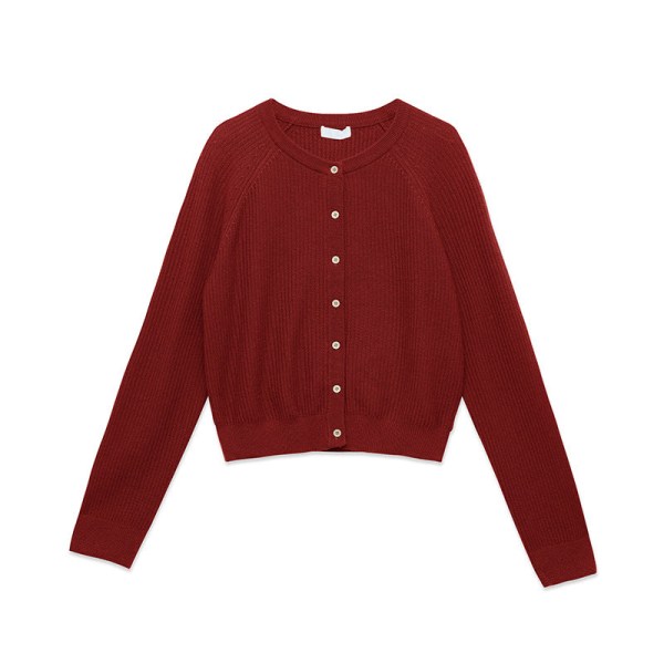 Damestrik efterår vinter sweater Hudvenlig fin uld All-Match cardigan med rund hals Red