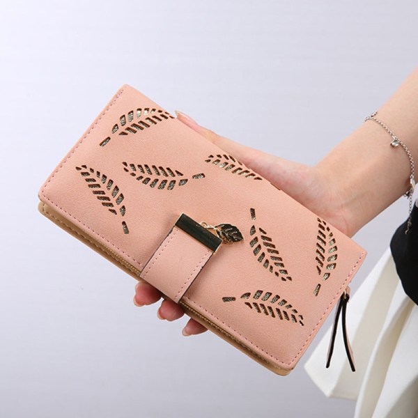 Kvinner lommebok myntveske Lange koreanske clutch blader hule PU lær clutch glidelås kortholder Pink