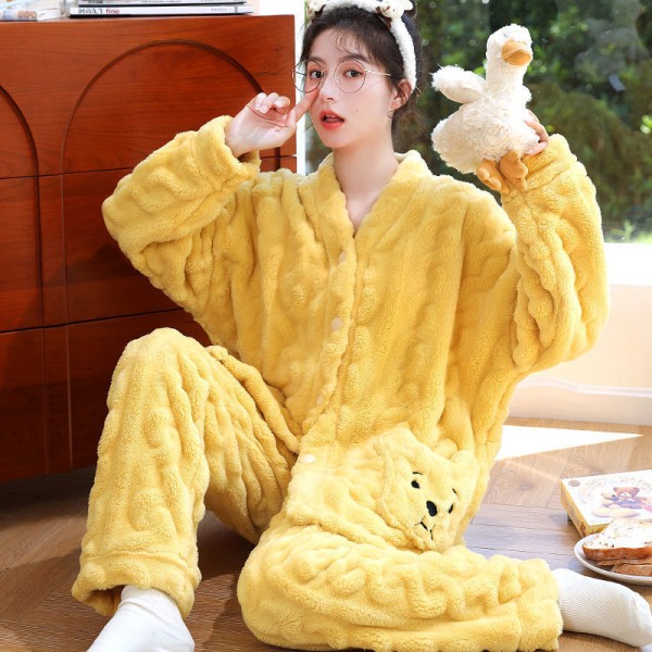 Flanell koreansk versjon av pyjamas kvinnelig vinter tykk korall fløyel studenter søte bære hjemmeklær varm dress yellow XXL(135 kg -150 kg)