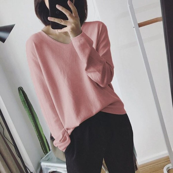 Kvinder Strik Efterår Vinter Sweater V-hals Sweater Student Løs Langærmet Pullover Top Pink M