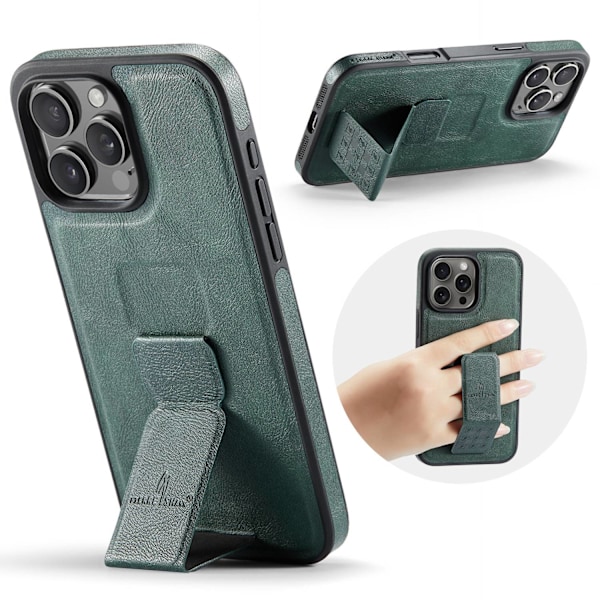 Etui til iPhone16pro 029 grøn håndledslæder magnetisk bagstøtte