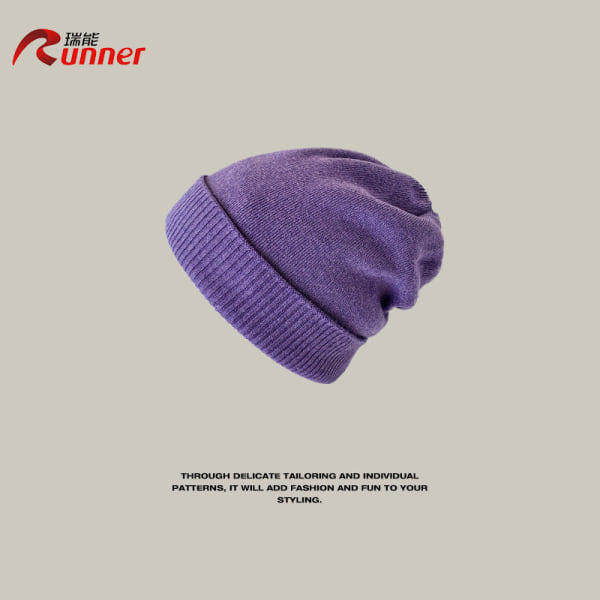 Varme vinterstrikkede huehue fortykkede øreklapper Uld Enkel ensfarvet trøje til kvinder unisex Purple Average Size (55-60cm)