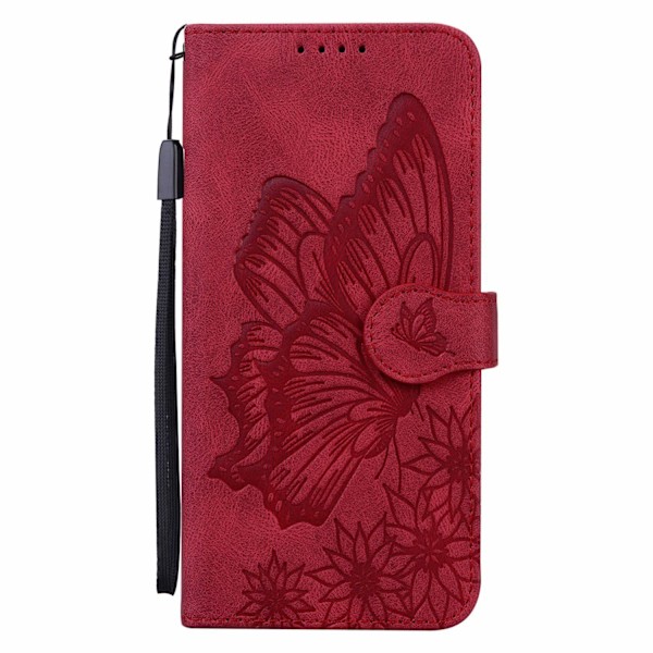 Kotelo iPhone 13 Pro Max 6.7:lle, punainen vintage-tyylinen kohokuvioitu perhoskuvio, korttipaikka, lompakko, nahkaa