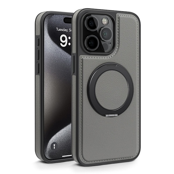 Fodral för iPhone15ProMax grå högkvalitativ magnetisk affärsläder roterande fäste