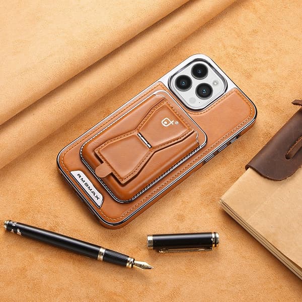Etui til iPhone 15 Pro Max, brunt kortholder magnetisk lær anti-fall
