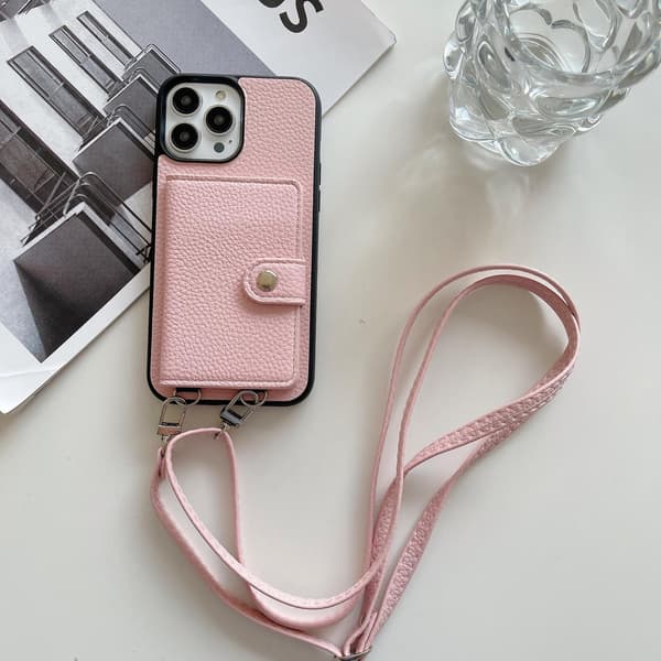 Fodral för iPhone 14pro rosa snodd crossbody solid korthållare vikbart japanskt läder
