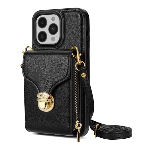 Etui til iPhone 13 Pro Max sort lanyard lynlås crossbody spænde pung stativ multi kort fuld p