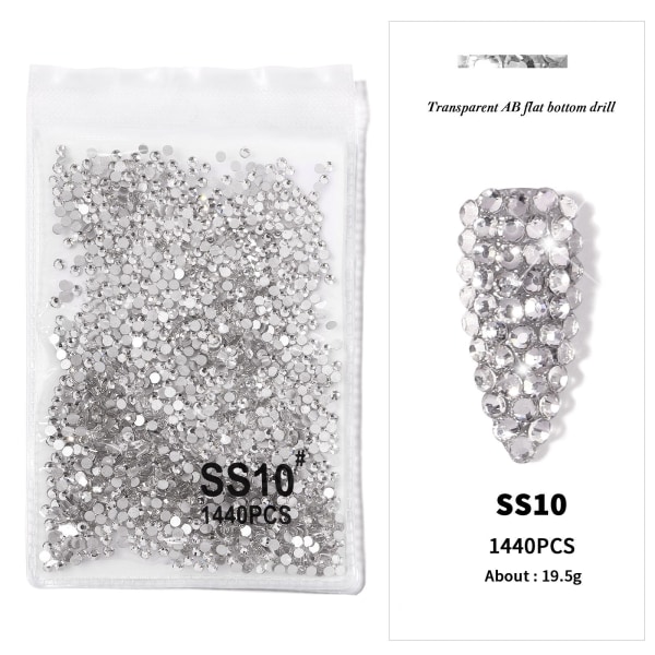 Negledekorasjoner for Nail Art Botting Drill Transparent AB Diamond DIY-dekorasjoner Gullbunn Sølvbunn SS10 White Diamond (2.8)1440
