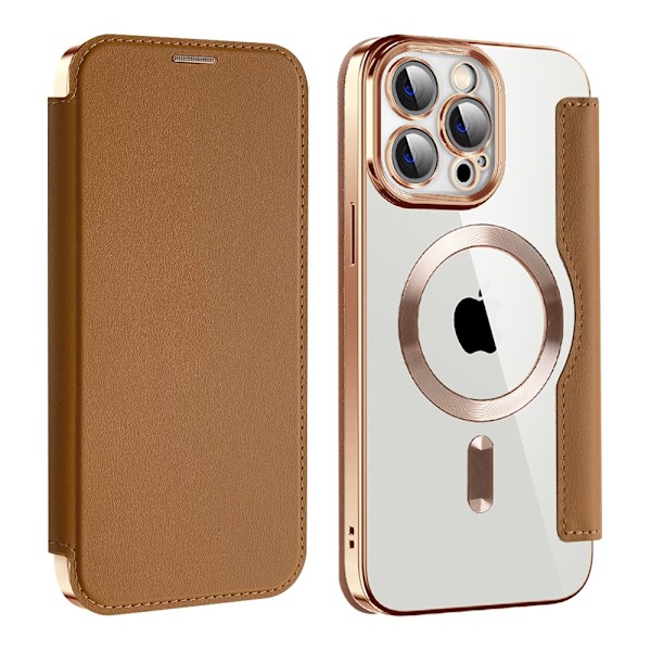 Kotelo iPhone 14 max ruskea langaton lataus lompakko tyyli magneettinen korttipaikka nahka