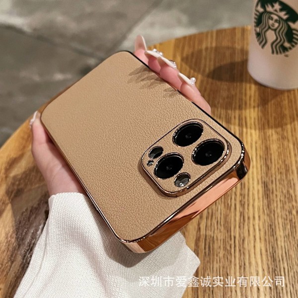 Fodral för iPhone 13 Khaki Premium Litchi Läder Elektroplätering Full