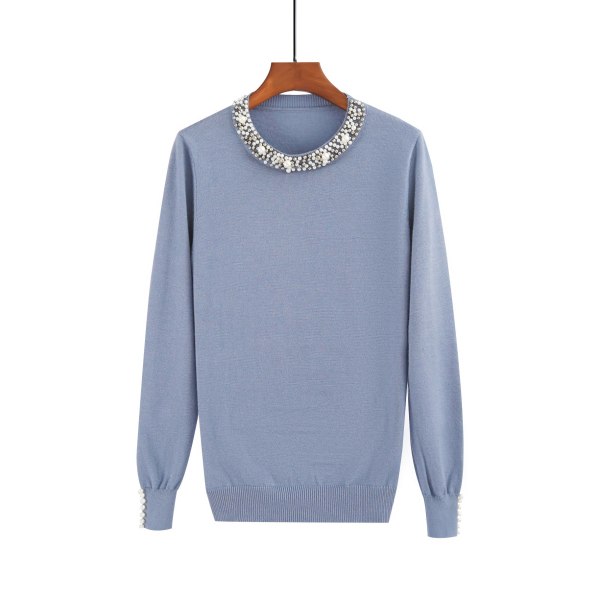 Strik til kvinder efterår vinter sweater med perler rund hals sweater Slim Fit All-Match bundtop Gray Blue 56*56*36cm