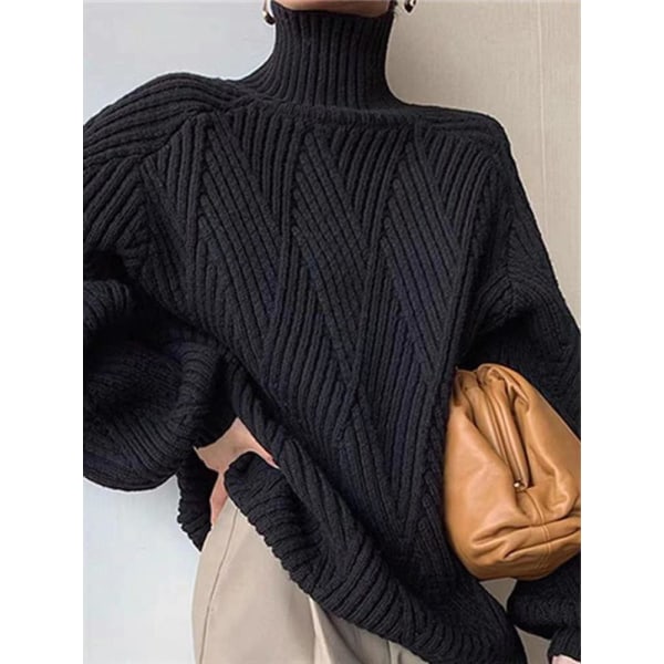 Kvinder Strik Efterår Vinter Sweater Idle Style Turtleneck Pullover Indvendigt slid Tykt Løs ydre Black M