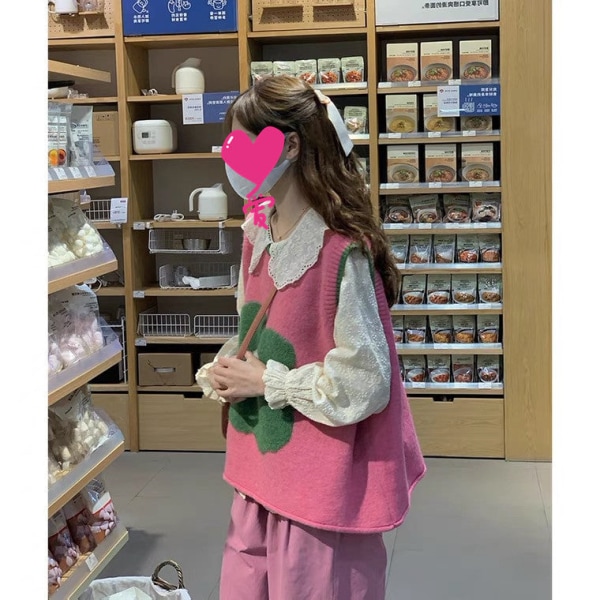 Naisten Neuleet Syksy Talvi Neule Korean Tyyli Kukka Liivi Laihdutus Löysä Pyöreä Kaula Päällysvaatteet Pink 60*110cm
