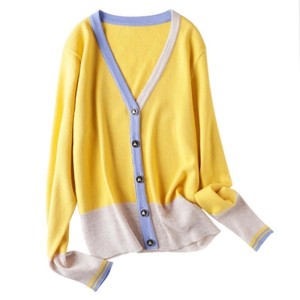 Damstickad Höst Vinter Tröja Långärmad Kontrastfärg Ytterkläder Cardigan Bottoming Shirt Yellow 58*96*54cm