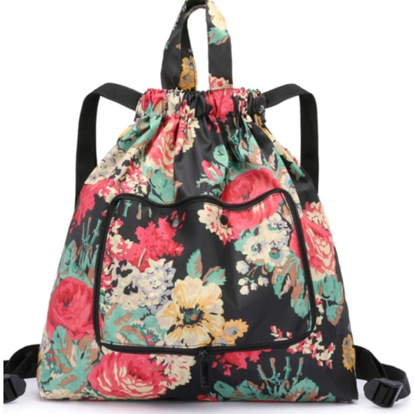 Kvinner jente ryggsekk skulderveske skolesekk Snøring Enkel Vanntett Sammenleggbar Buggy Bag Sports Gym Bag Snøreveske Reise Black large flower