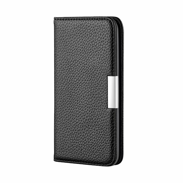 Fodral för iPhone 13 svart lychee textur korthållare flip plånbok läder magnetiskt spänne