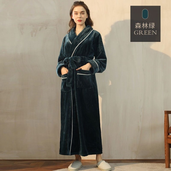 Efterår og vinter flannel par morgenkåber forlænget og fortykket dame badekåber Green female L/XL [length 130]