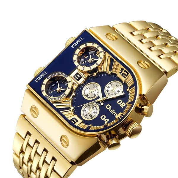 Herreklokker Multi-Time Zone Large Dial Luminous Quartz Watch Gold Gift Blue face