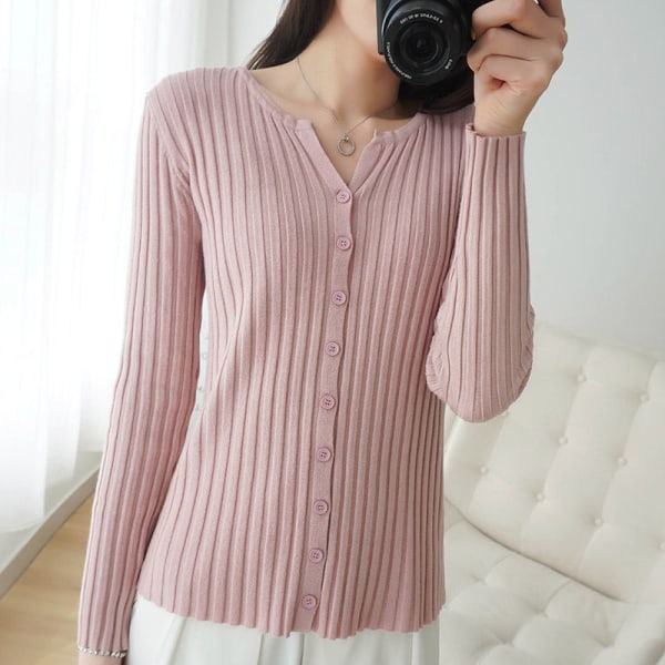 Damestrik efterår vinter sweater i koreansk stil bredstribet strik cardigan slim-fit jakke Pink L