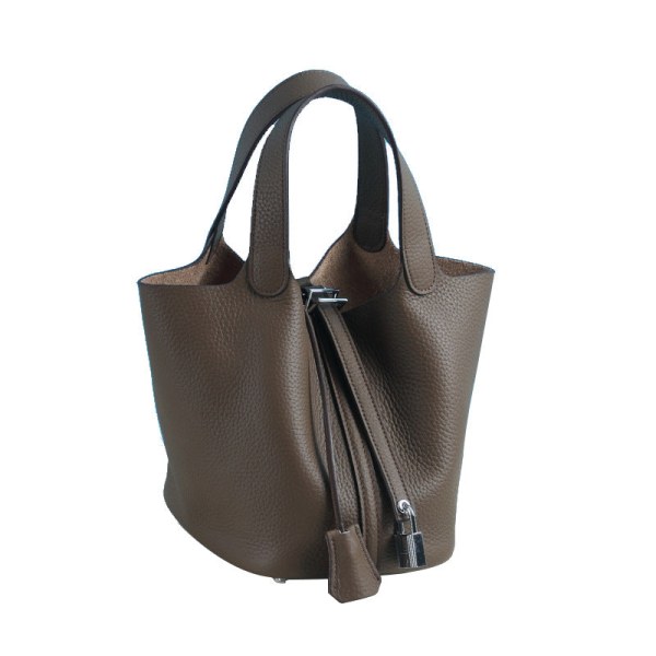 Kvinner Dame Håndveske Lær Handbag First Layer Kuskinn Bucket Bag Large/22cm dark gray (khaki)