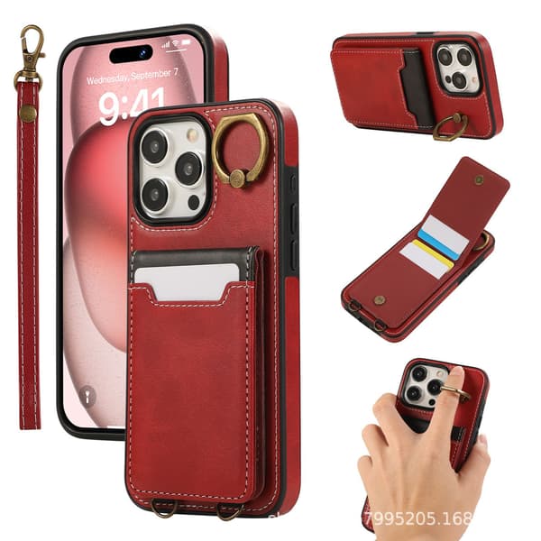 Fodral för iPhone 14 Pro Max röd kortplats multifunktionellt läder