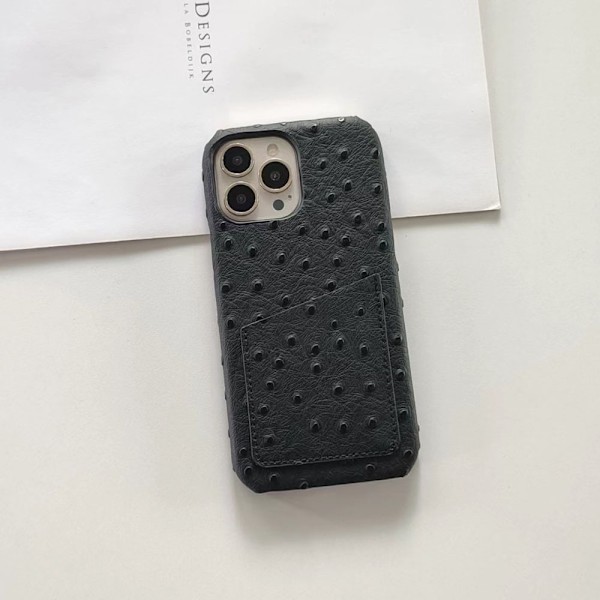 Kotelo iPhone 15:lle, musta strutsikuvio, kolikko- ja korttipidike, lämmönpoisto