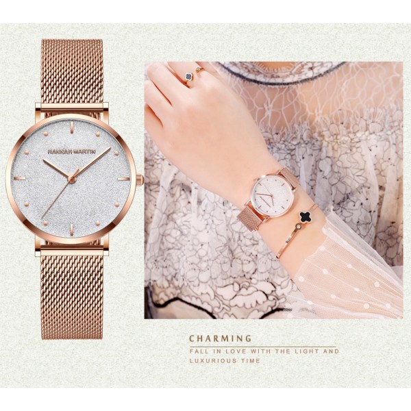 Frosted Starry Sky Watch vanntett kvartsklokke for kvinner Rose Gold