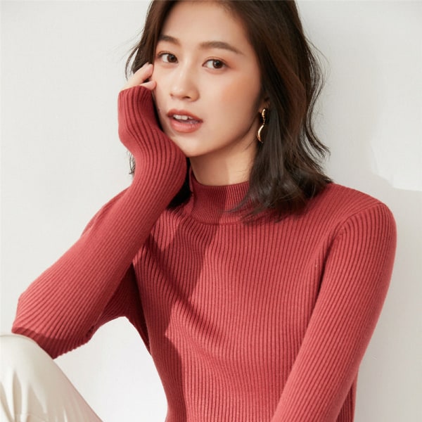 Women Knitwear Autumn Winter Sweater Half-High Collar Inner Match Base Shirt Solid Color Slim Fit Pink M