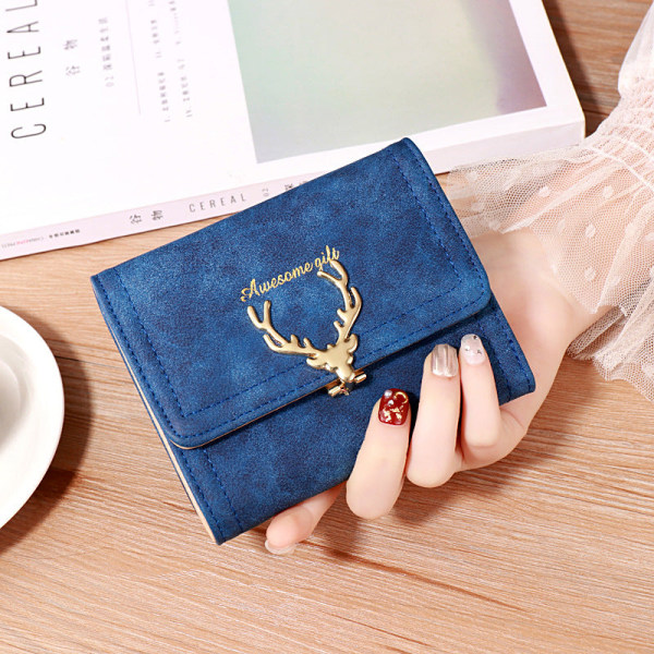 Kvinnor plånbok myntväska Kort läder Mellanlängd kvinnlig koreansk student Söt hopfällbar liten Sapphire Blue