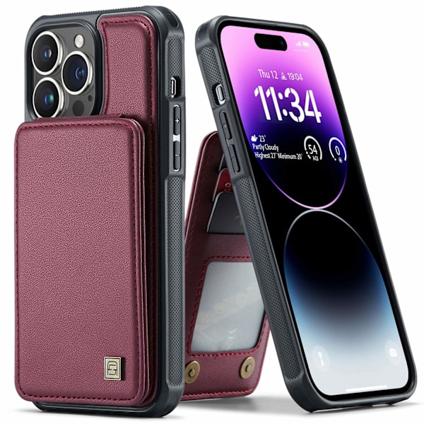Kotelo iPhone 14 Plus -puhelimelle, helmiäishohtoinen punainen korttipaikka, takana nahkainen jalusta
