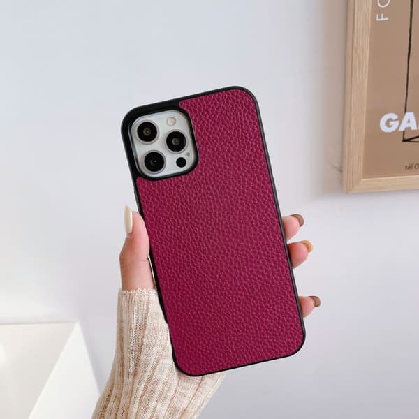 Etui til iPhone 16 Pro Max, vinrød litchilæder, retro
