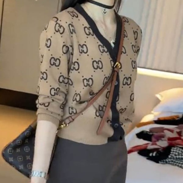 Kvinder strik efterår vinter sweater koreansk v-hals jacquard strikket cardigan ydre frakke Camel S