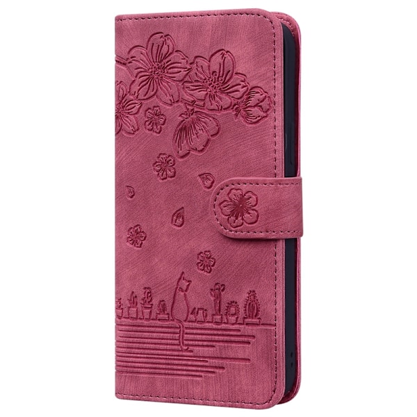 Fodral för iPhone15 Burgundy präglat kattblomma läder präglat körsbärsblom