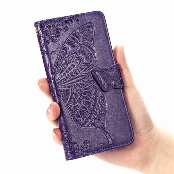 Fodral för iPhone 14 Pro mörklila 3D blomma fjäril läder präglat