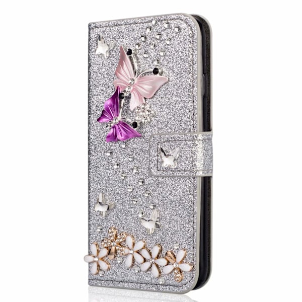 Fodral för iPhone 13 Pro Silver glitter färgglad fjäril strass kortplats plånbok läderinlägg