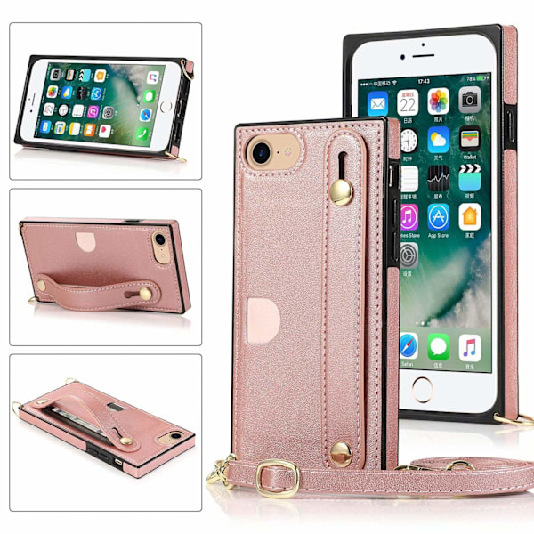 Fodral för iPhone 14 roséguld crossbody armband korthållare snoddplats läder