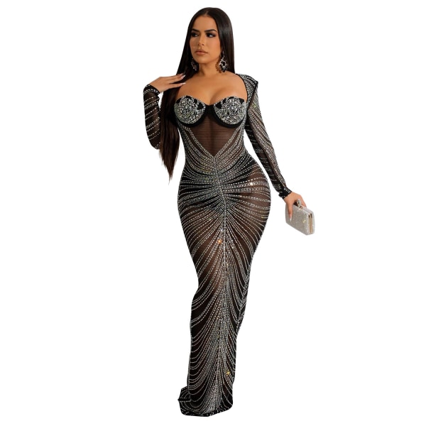 Sexet Elegant Sheer Mesh Rhinestone Langærmet Lang Kjole Apricot L