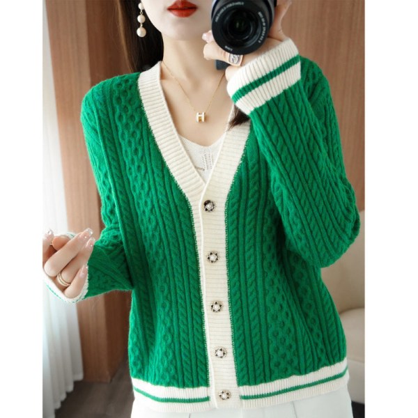 Damestrik Høst Vinter Genser V-hals Fargeblokk Twisted Cardigan Baggy Coat Green M